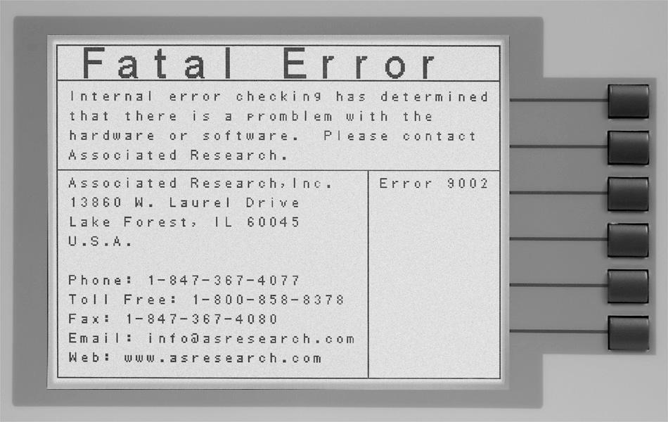 Fatal Error If the instrument has a recognizable internal component failure and the TEST button is pressed, the Fatal Error screen will appear as follows: This type of failure permanently locks the