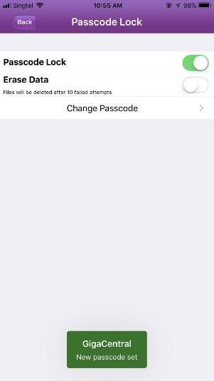 the passcode lock. 1. Click on Passcode Lock under settings 2. Enable Passcode Lock 3.