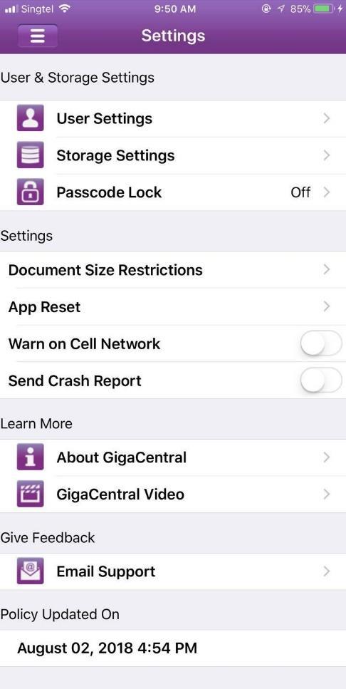 3 GigaCentral Settings You may access these features by clicking on Settings.