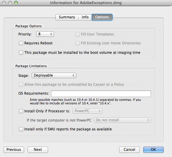 5. Click the Options tab and choose a priority for the package.