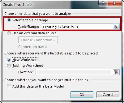 2. Under the Tables grouping, click on PivotTables (See Figure 3). Figure 3 - PivotTable 3. The Create PivotTable window will appear.