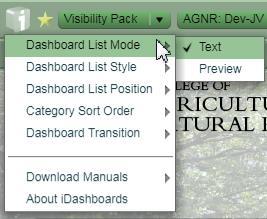 Summary of Navigation Options: 1. Dashboard List Mode: a. Text (default) Dashboard Categories will be