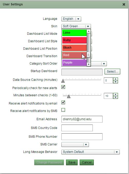 You can customize the skin or application color scheme within the User Settings by clicking on the dropdown
