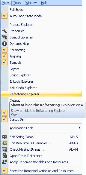 Figure 3 Refactoring Explorer The following buttons are available in the Refactoring Explorer: Open: Rebuild: Stop build: Display jumps to the faulty object in the screen Rebuilds the list Aborts the