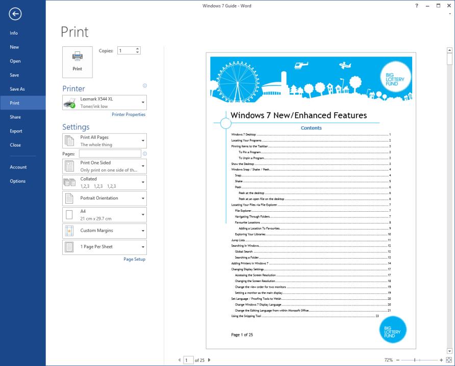 WHERE HAS PRINT PREVIEW GONE TO? Click File > Print to see a print preview of the current document to the right of other useful print-related settings. HOW DO I SET WORD OPTIONS?