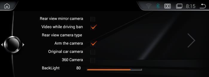 Sound Settings: The volume of Bluetooth and navigation can be set here Camera and Video Settings: Rear view