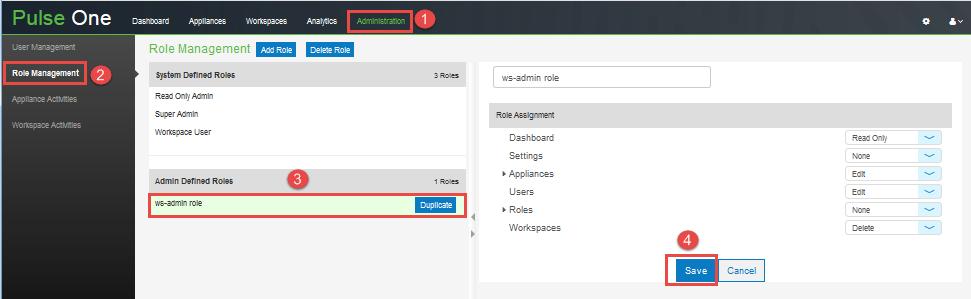 3. Click Create. Modifying Role You can modify only the admin defined roles. To modify a role's permissions, select the role from the list and in the role details pane click the Edit link.