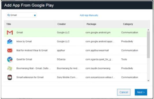 Add Android Apps From Google Play To add an Android app from Google Play: 1. In the App Catalog, click Add App and select Android. Figure 81: Select a Platform 2.