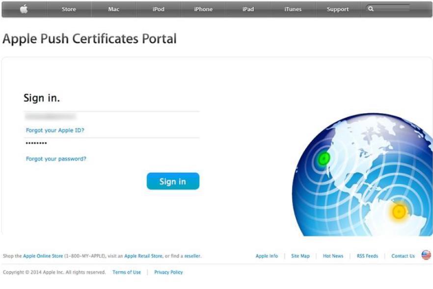 Sign in to the Apple Push Certificates Portal using your