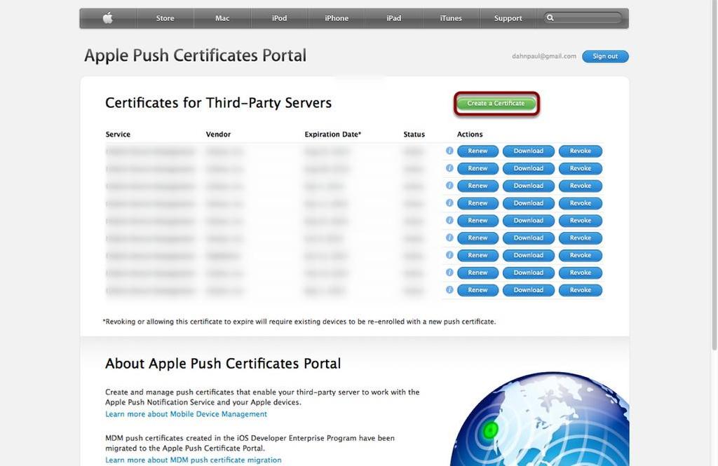 5. Click Create a Certificate to create a new MDM push