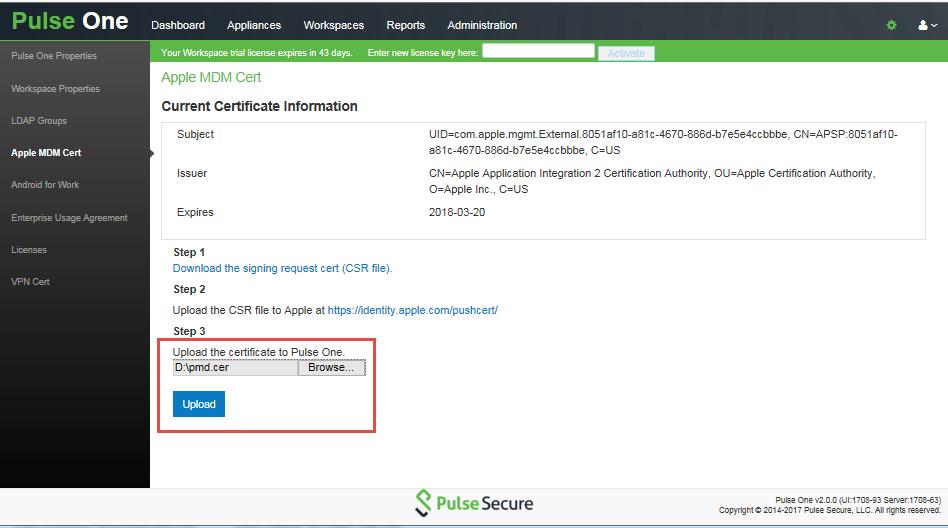 9. Return to the Apple MDM Cert page in your Pulse One console.