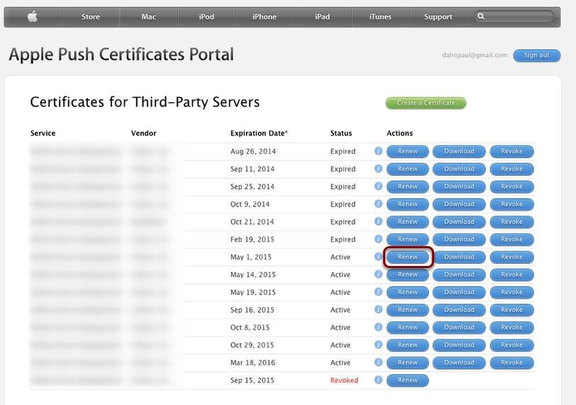 To renew certificate, click Renew in Apple Push Certificates Portal.