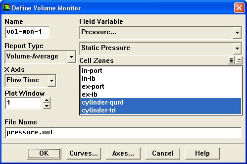 i. Enter pressure in the Name field. ii. Select Volume-Average from the Report Type drop-down list. iii. Select Flow Time in the X Axis drop-down list. iv. Select Pressure.