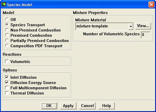 4. Enable chemical species transport. Define Models Species Transport & Reaction... (a) Enable Species Transport in the Model list. (b) Retain the default settings for other parameters.