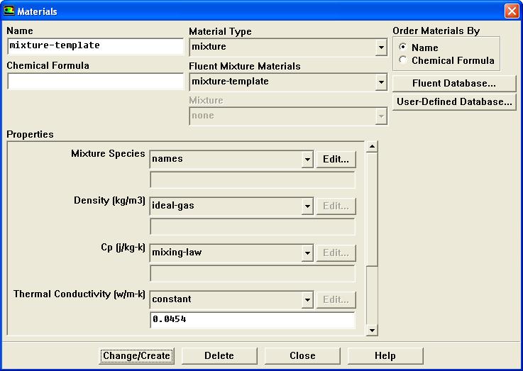 Step 3: Materials Define Materials... 1. Select ideal-gas from the Density drop-down list in the Properties list. 2. Click Change/Create. 3. Copy the evaporating species properties.