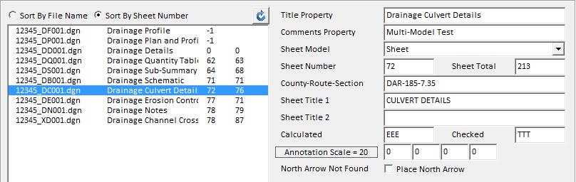 Below the Sheet Model, sheet parameters are displayed according to the ODOT sheet cell found in the selected sheet model. An example is shown below.