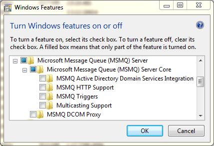 2. Select the Microsoft message Queue (MSMQ) Server Core option as shown below. 3. Press OK to confirm installation of MSMQ.