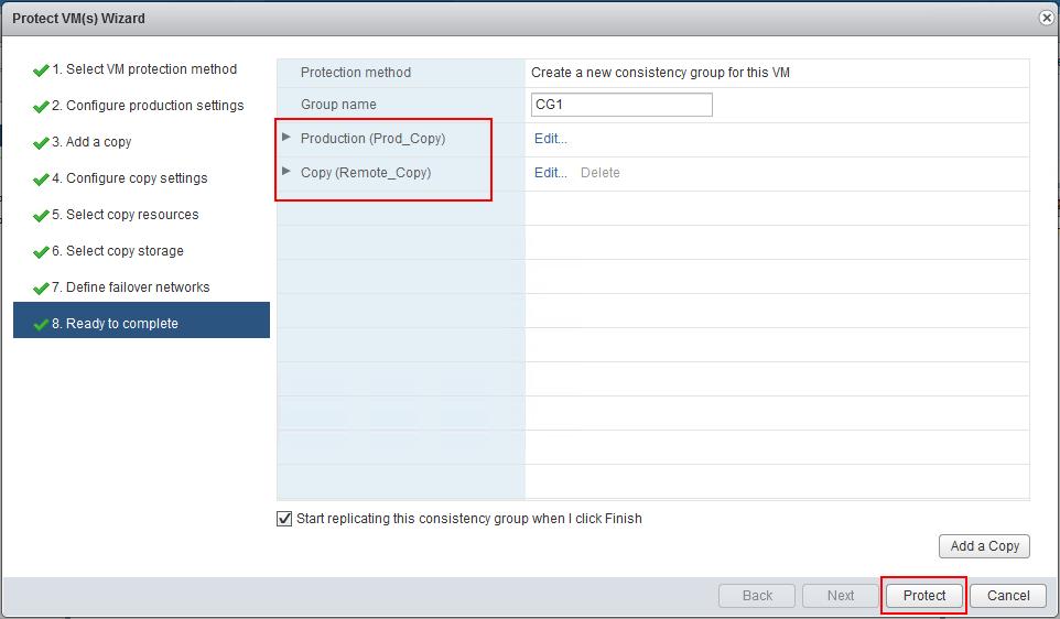13. Expand the Production and Copy settings to ensure that they are correct, and then click Protect.
