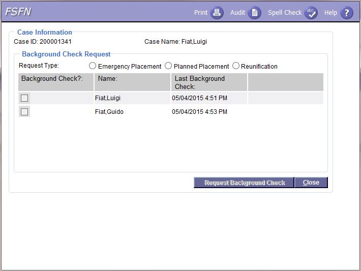 From the Create Background Checks pop-up page, the user selects the applicable participant check box(es), within the Background Request Check group box, and then selects the Request Background Check