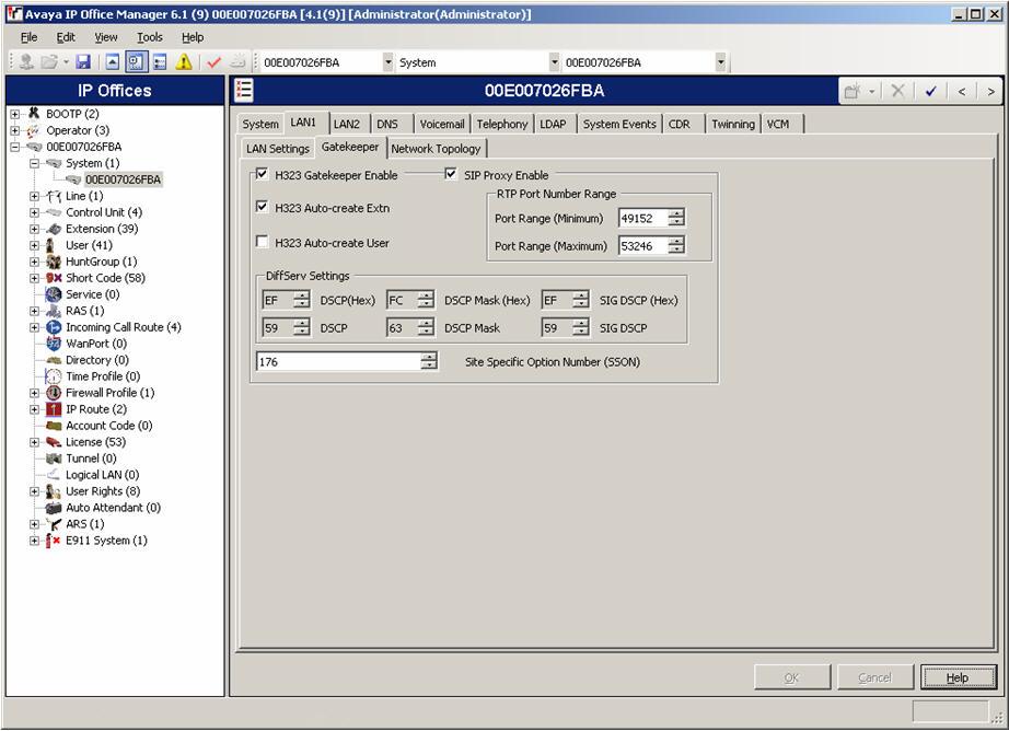 3. Configure DiffServ Settings according to PAETEC requirements. Select System in the left panel. In the LAN1 tab, select the Gatekeeper tab.