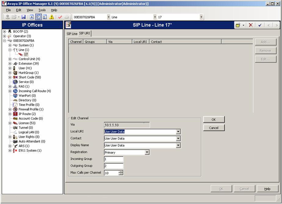 5. Configure URI parameters for the line. Select the SIP URI Tab. Press the Add button. Enter a unique number for the Incoming Group and Outgoing Group fields.
