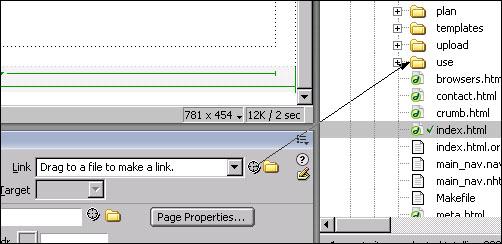 Alternately, click and hold the circle pointer icon to the right of the link field and drag across to the file you want to link to in the Site Files window and let go of the pointer.
