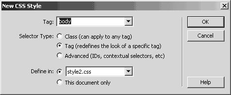 Figure 2-4 CSS Styles In the CSS Styles panel, click on the New CSS Style button: In the pop-up window, first ensure the radio button for Type: Tag (redefines the look of a specific tag) is