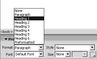 change to Heading 1, as shown in Figure 6-3: Figure 6-3 Changing the text Format Highlight the text: Bringing Internet Skills to the Community Use the Property inspector to format this as Heading 2.