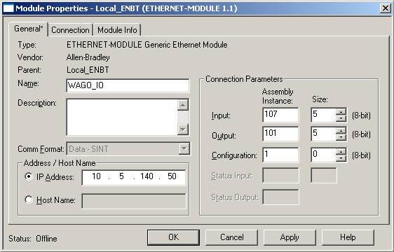 Solution 15 The Module Properties dialog window is displayed. 11) Enter the following parameters: Name: WAGO_IO Comm Format: Data SINT (8-bit signed integer value; -128 to +127) IP Address 10.5.140.