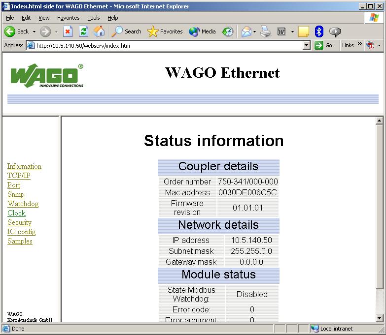 Solution 9 4.1 Configuring WAGO s 750-341 for Ethernet/IP The EtherNet/IP settings for the WAGO 750-341 are configured through the built-in web pages.
