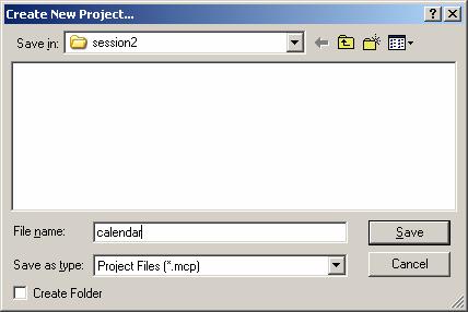 Clear the Create folder check box and enter calendar as the name in the Create New Project dialog as above. Click Save.