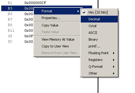 Right click on register r3 and select Format Decimal to change the register display format.