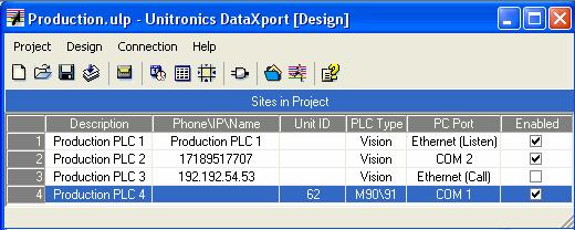 When the PLC has been defined, click OK, the PLC is added to the list and will be displayed in the DataXport Design window.