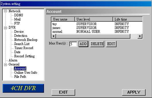 Account Set up the user s account ( Max 5 accounts), password, life time, and authority level (Max Max 5