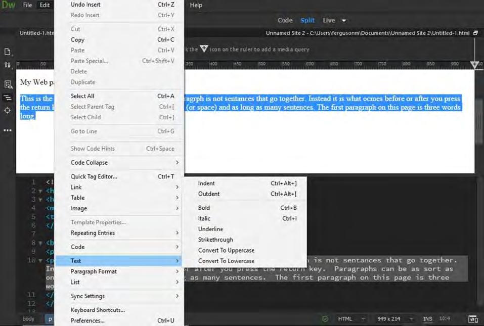 Editing Text Properties Indenting or Outdenting a Paragraph creating visual separation You can increase / decrease indent text functions from the edit drop down menu.