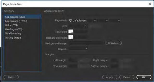 Page Properties You can access the Page Properties dialog box from the Modify menu or from the properties panel (as long as you have not