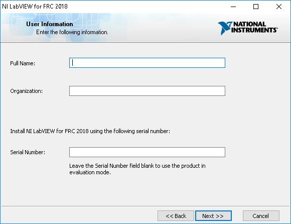 User Information Enter name, organization, and the serial number from the LabVIEW packet in your KOP. Click "Next".