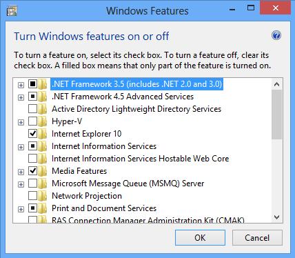 Windows Features (.NET Framework 3.5 not on) Select ".NET Framework 3.5 (includes.net 2.0 and 3.