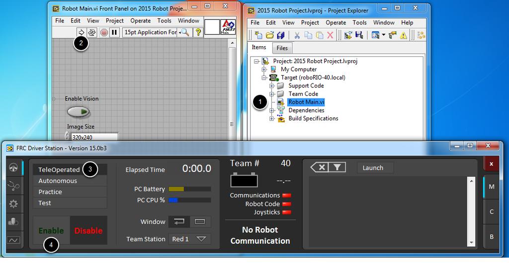 Running the Program 1. In the Project Explorer window, double-click the Robot Main.vi item to open the Robot Main VI. 2.