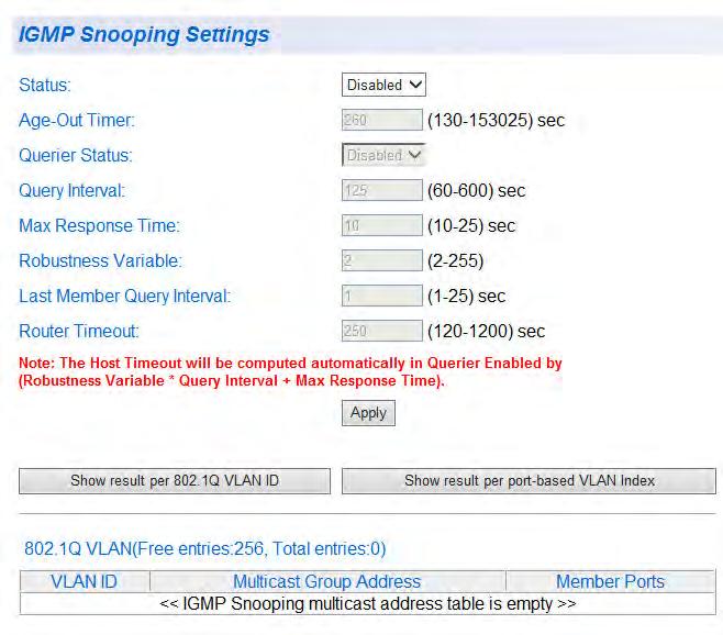Chapter 11: IGMP Snooping IGMP Snooping Configuration This procedure explains how to set IGMP snooping and IGMP Snooping Querier on the switch, and set the IGMP Snooping (V1) age-out timer.