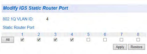 From the Bridge folder, select the IGMP Snooping folder. 3. From the IGMP Snooping folder, select IGMP Snooping Router Port. The IGMP Snooping Router Port Page is displayed. See Figure 51.