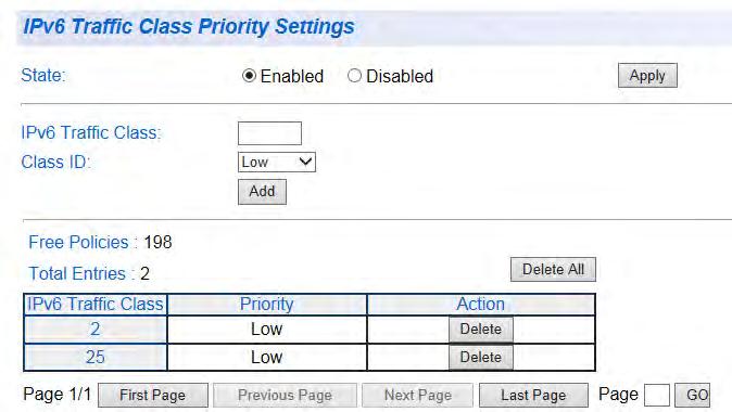 AT-GS950/8 Web Interface User Guide 4. Use the State radio buttons to select the IPv6 Traffic Class Priority state: Enabled - Will activate IPv6 Traffic Class Priority mapping.
