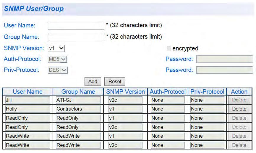 Chapter 16: SNMPv1 and v2c Note If you choose to use the default User and Group Names (ReadOnly and ReadWrite) that are already displayed in the table, proceed to Step 7 below. 3.