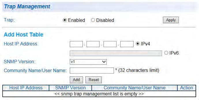 AT-GS950/8 Web Interface User Guide SNMP Traps A Host IP address is used to specify a management device that needs to receive SNMP traps sent by the switch.