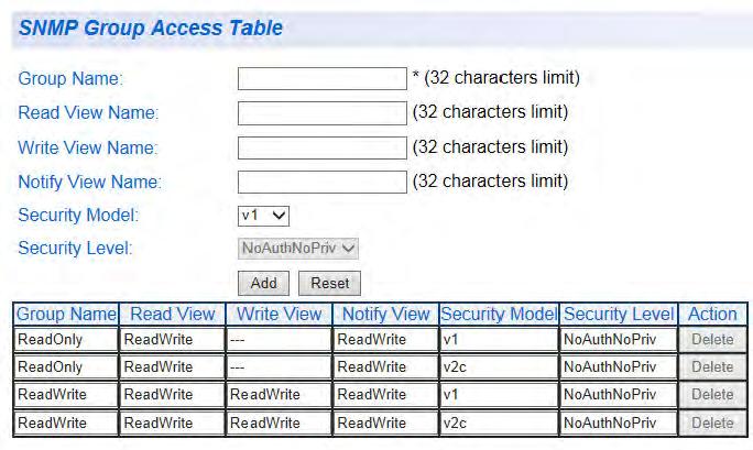 AT-GS950/8 Web Interface User Guide SNMPv3 View Names The SNMPv3 View names are defined in the SNMP Group Access table and are based on the User and Group Names.