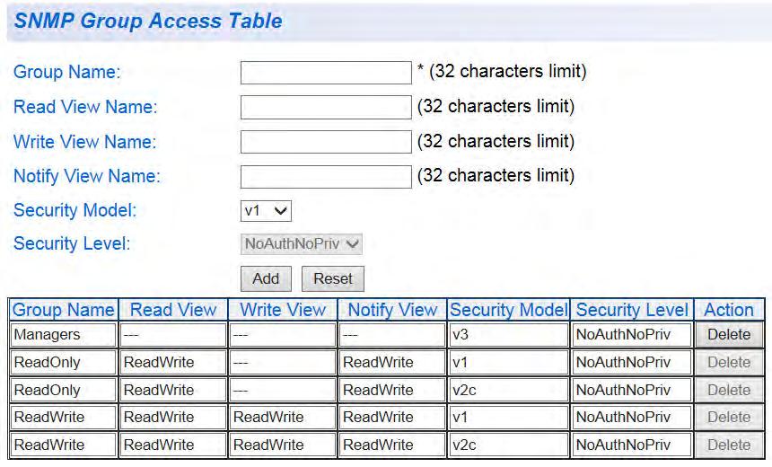 AT-GS950/8 Web Interface User Guide Figure 87. SNMP Group Access Table Example for SNMPv3 10.