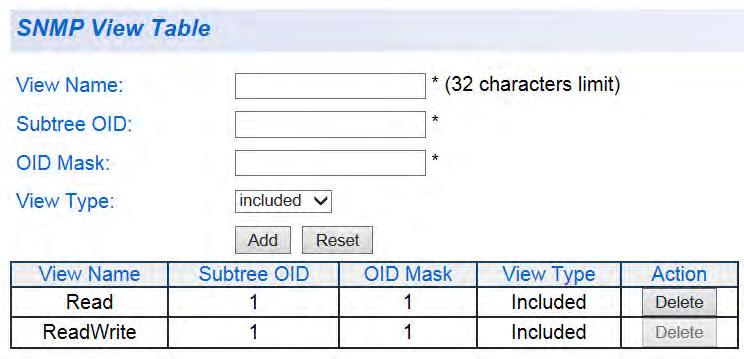 AT-GS950/8 Web Interface User Guide 5. Enter 1 for the OID Mask. 6. Enter the View Type. Choose from the following: Included: This selection allows the specified MIB object to be included in the view.