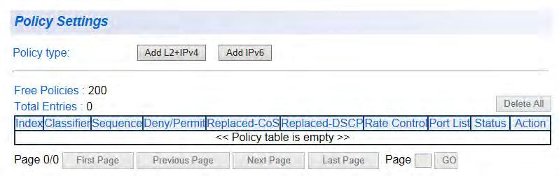 AT-GS950/8 Web Interface User Guide Policy Settings The Policy Settings page lets you create one or multiple IPv4 and/or IPv6 policies for filtering and policing Ethernet traffic.