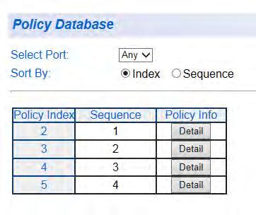 Chapter 18: Access Control Configuration Policy Database The Policy Database page displays the status of the order that policies are applied to each port.