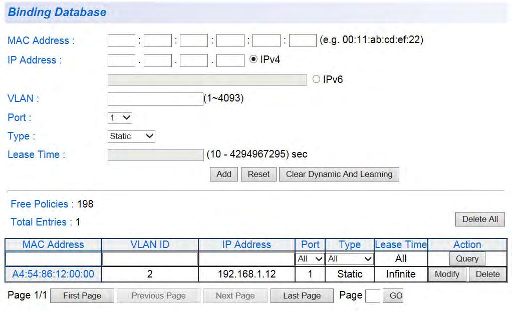 AT-GS950/8 Web Interface User Guide MAC Address - Enter the host s MAC Address.